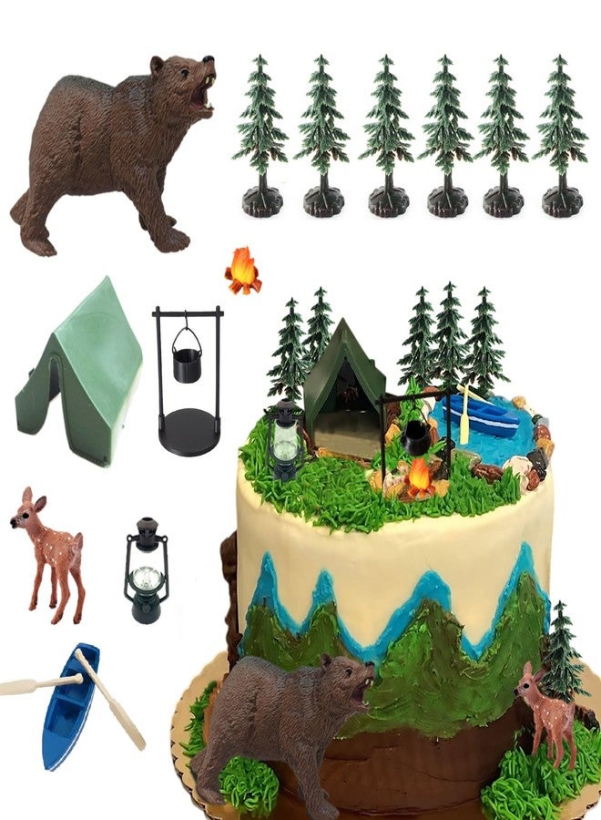 ChoJoy Camping Cake Toppers with Tent Fire Trees Boat Bear Deer Set for Birthday Party - Image 1